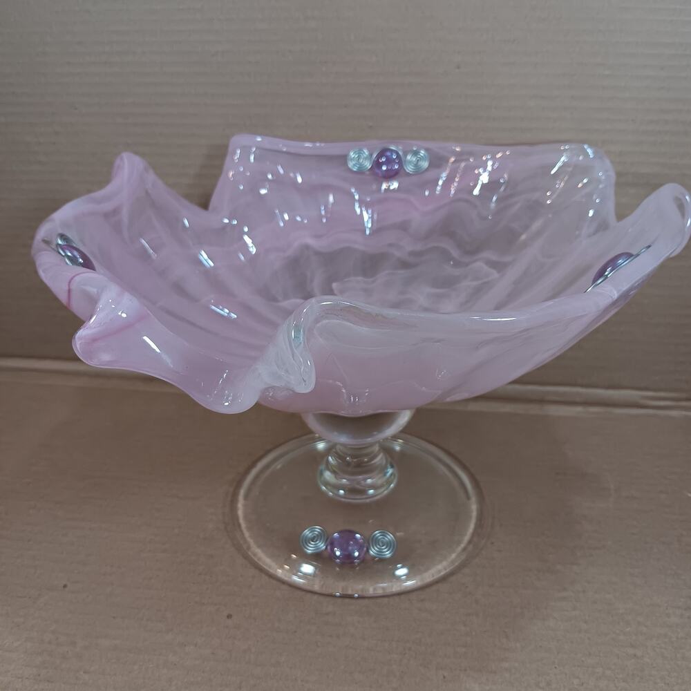 Vintage Handblown Pink Swirl Ruffle Pedestal Glass Bowl